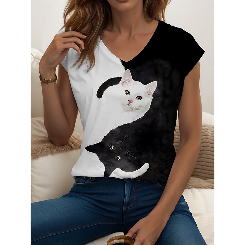 Women's Animals Cat Camisole Tank Top Vintage Tropical Stylish Sleeveless Short Sleeve V Neck Regular Tops Daily Print Black and White Yellow Pink Blue Purple Summer Spring