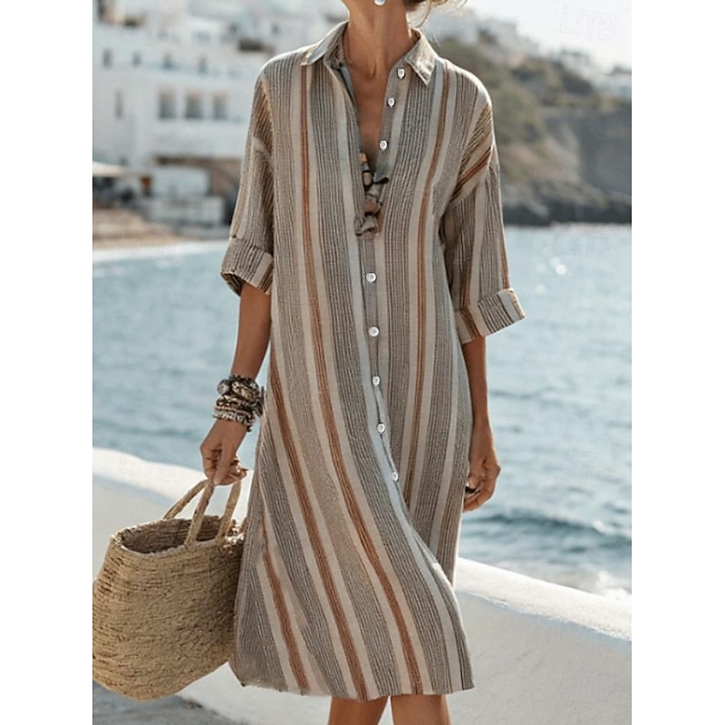 Women's Midi Dress T Shirt Dress Tee Dress Vacation Birthday Casual Outdoor Going out Beach Loose Fit Graphic Stripe Long Sleeve Turndown Khaki Summer Spring2