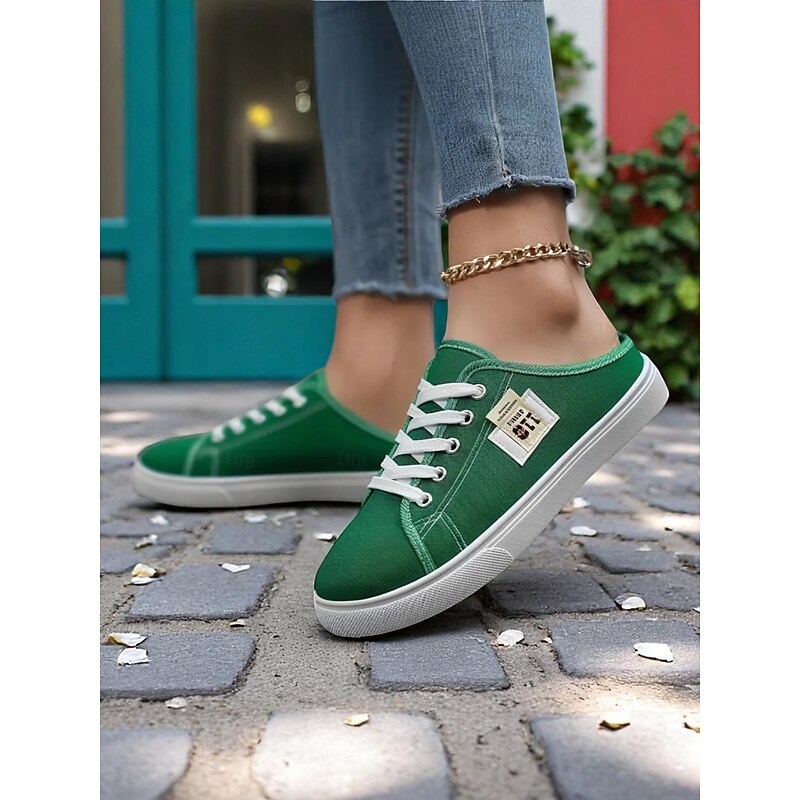 Women's Green Canvas Slip-On Sneakers with Lace-Up Design – Comfortable Backless Trainers, Ideal for Walking, Shopping, School Runs & Casual Summer Days