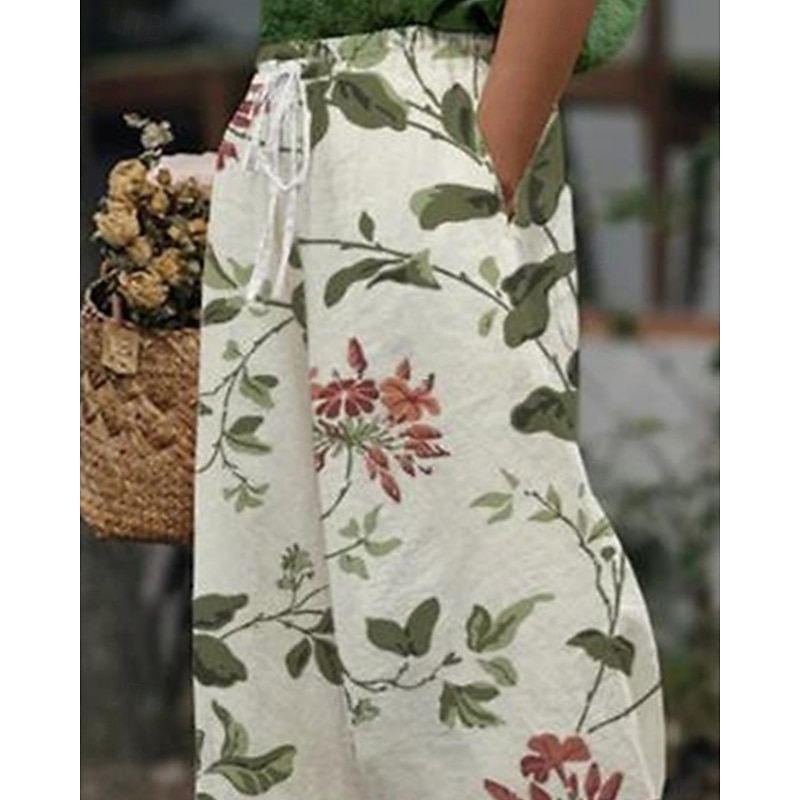 Women's Cotton Linen Pants Cropped Pants Streetwear Boho Ankle-Length Mid Waist Floral Elastic Waist Comfortable Daily Wear Going out White Summer Spring Regular Fit2