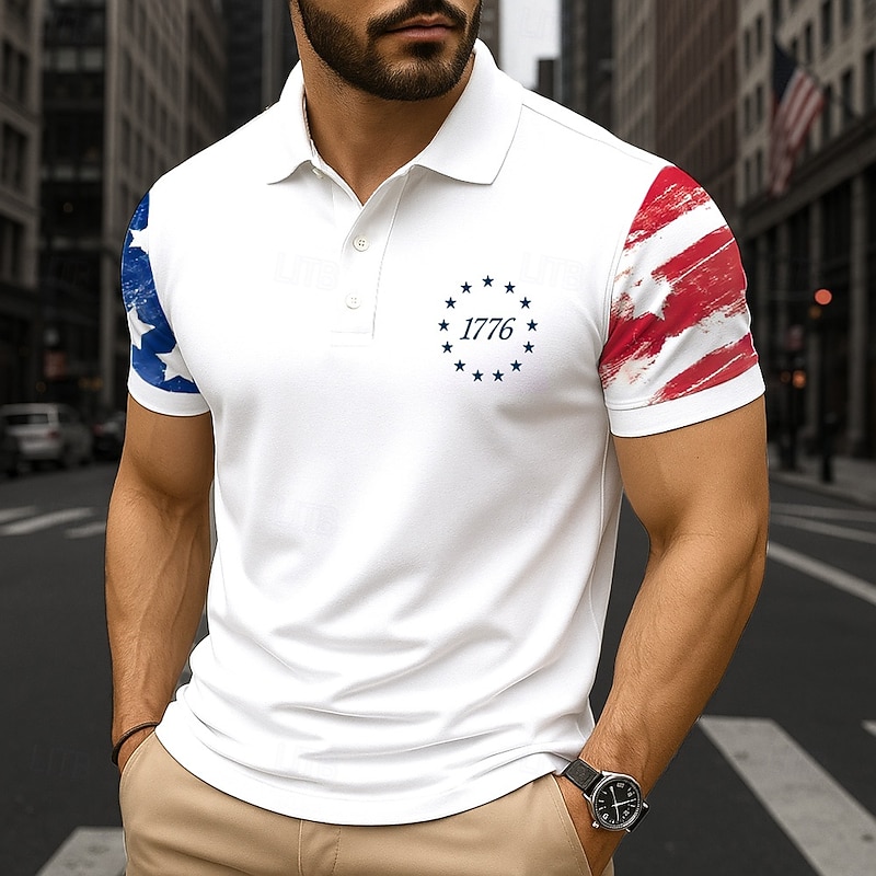 Independence Day Men's American Flag Polo Short Sleeves Polo Collar Lapel Casual Daily Festival Buttons Summer White Red Navy Blue2