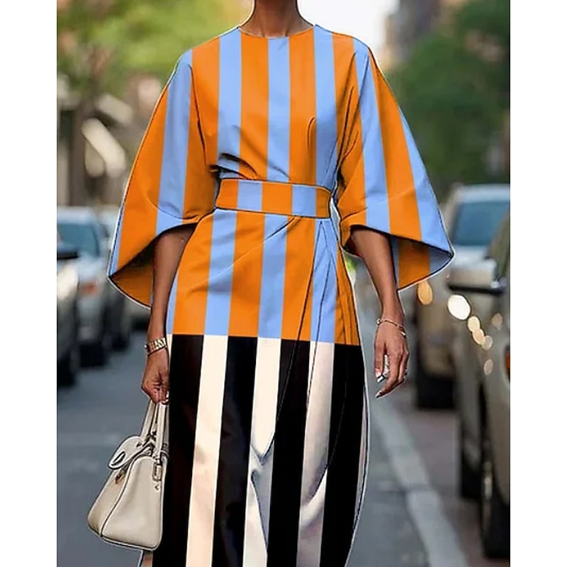 Women's Midi Dress Print Dress Elegant Fashion Outdoor Holiday Date Regular Fit Color Block Striped Half Sleeve Crew Neck Black White Summer2