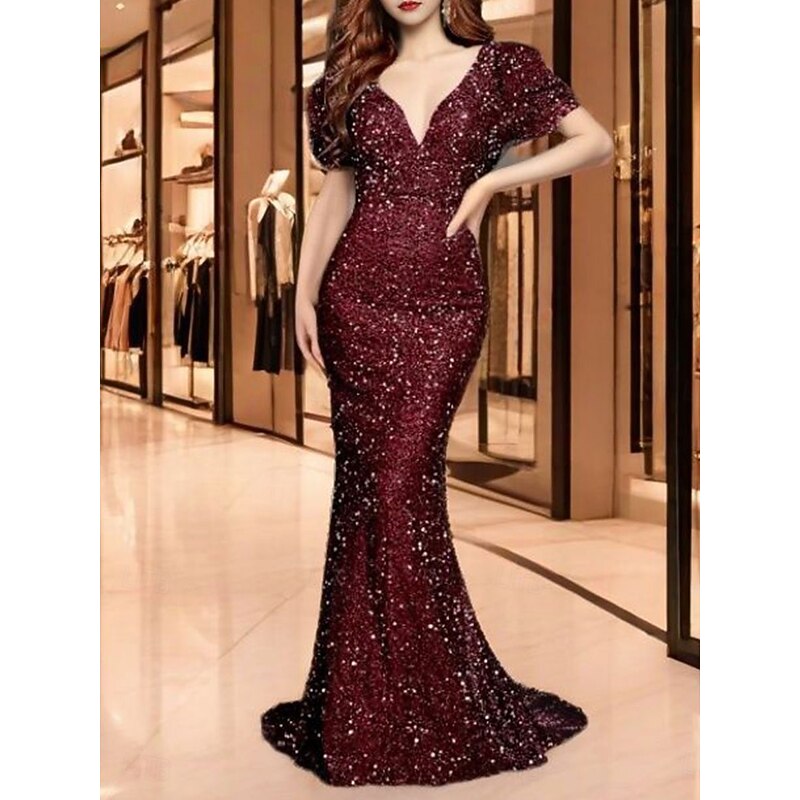 Mermaid / Trumpet Quinceanera Dresses Elegant Dress Wedding Wedding Guest Sweep / Brush Train Short Sleeve V Neck Sequined Backless with Sequin4