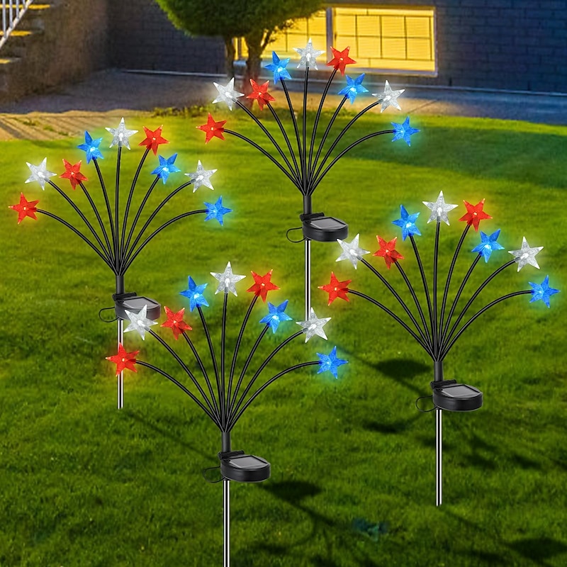 2 Pcs 9 Heads outdoor solar waterproof red, white, blue tricolor pentagram ground mounted lights, July 4th, USA Independence Day courtyard garden lawn patriotic party decoration lights2