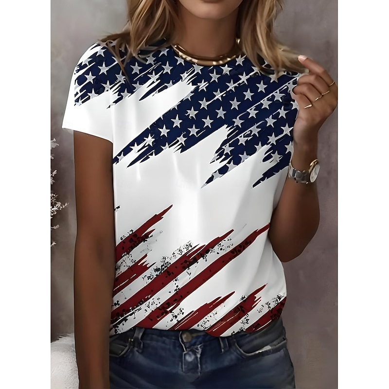 Women's Patriotic  T Shirt Graphic Flag American Flag Vintage Stylish Classic Short Sleeve Crew Neck Regular Tops Daily Weekend Print White Red Summer Spring2