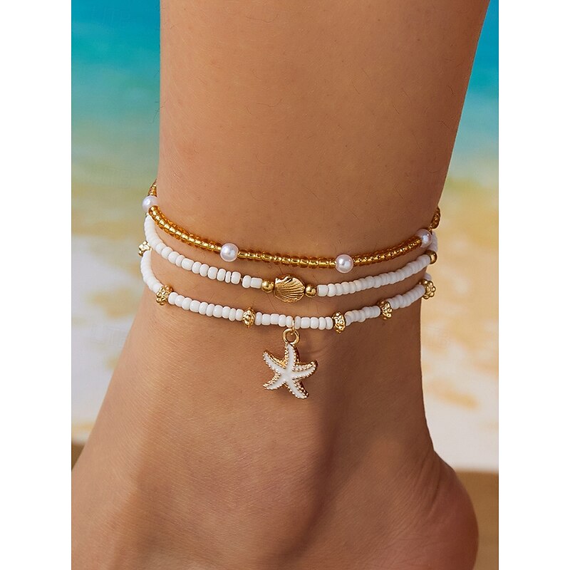 Women's beach style layered necklace bracelet anklet set with starfish and shell charms, Gold and white beaded design, Suitable for summer vacation, Casual and bohemian style