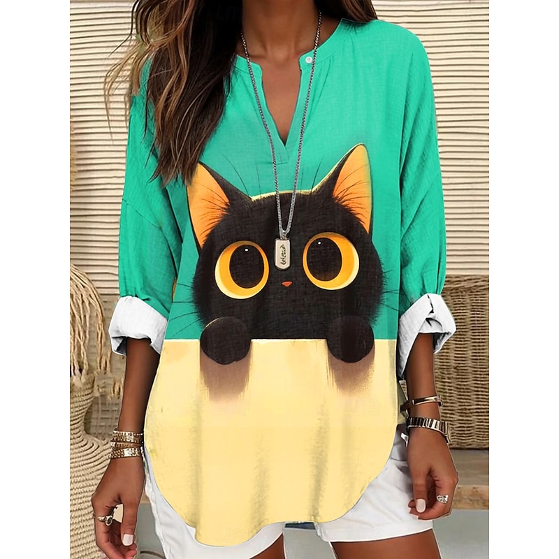 Women's Blouse Tunic V Neck Long Sleeve Boho Casual Summer Tops Graphic Animal Cat Vintage Tropical Regular Tops Daily Wear Print Yellow Light Green Blue Orange Green3