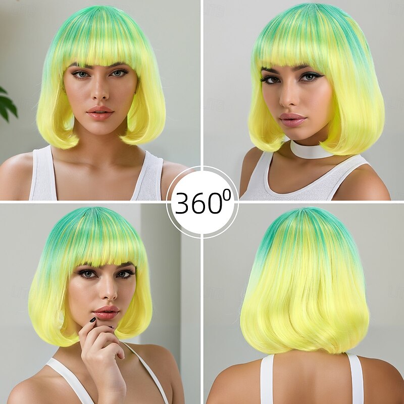 Synthetic Wig kinky Straight Natural Straight Layered Haircut Neat Bang Machine Made Wig 12 inch A1 Synthetic Hair Women's Classic Comfortable Color Gradient Multi-color4