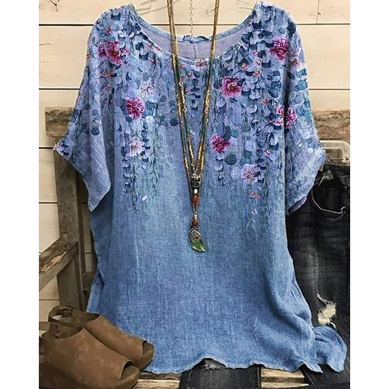 Women's Shirt T Shirt Tee Top Flowers Elegant Fashion Modern Short Sleeve Crew Neck Regular Tops Daily Weekend Print Red Blue Purple Orange Green Summer4