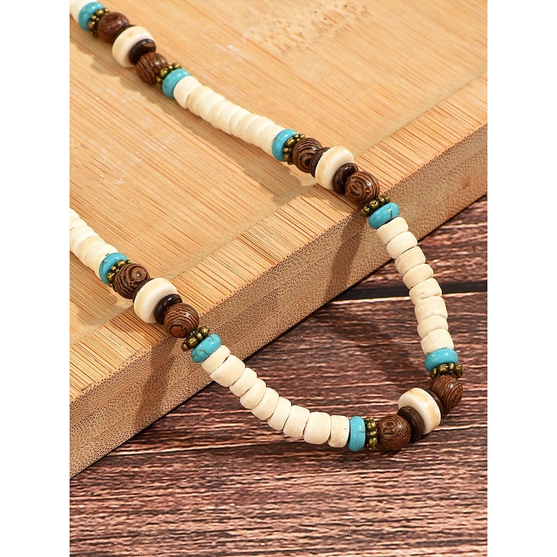 Men's Natural Beaded Necklace with Wood and Turquoise Accents – Bohemian Surf Style Jewelry for Casual Outfits, Summer Festivals and Beachwear4