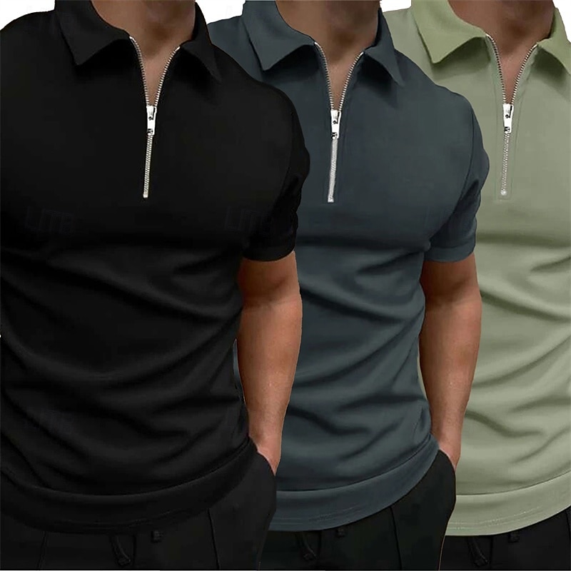Multi Packs 3pcs Men's Lapel Short Sleeves Grey+Green+Black Quarter Zip Polo Golf Shirt Golf Polos Shirts Quarter Zip Plain Vacation Daily Wear Polyester Summer