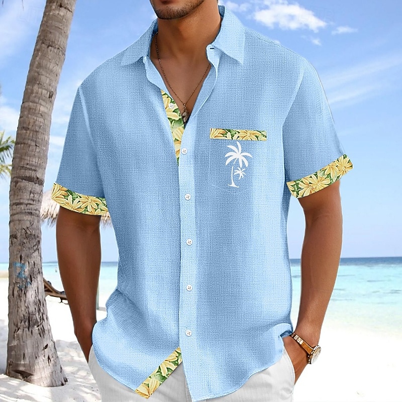 Men's Shirt Linen Shirt Summer Shirt Beach Shirt Button Up Shirt Coconut Tree Holiday Daily Wear White Pink Sky Blue Green Short Sleeve Turndown Summer Clothing Apparel Front Pocket4