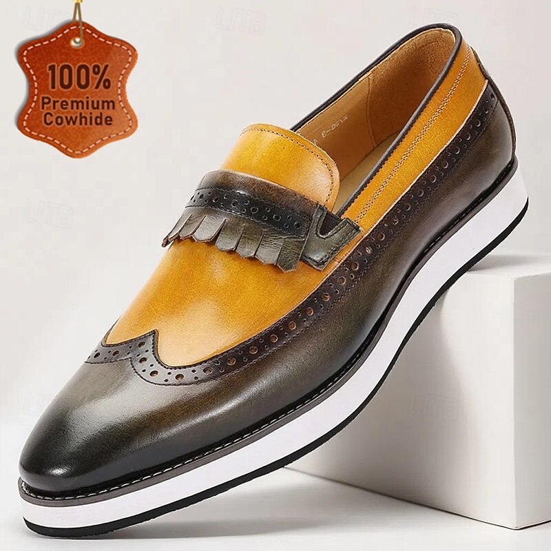 Men's Premium Black and Yellow Leather Slip-On Loafers with Stylish Strap for Casual and Semi-Formal Events