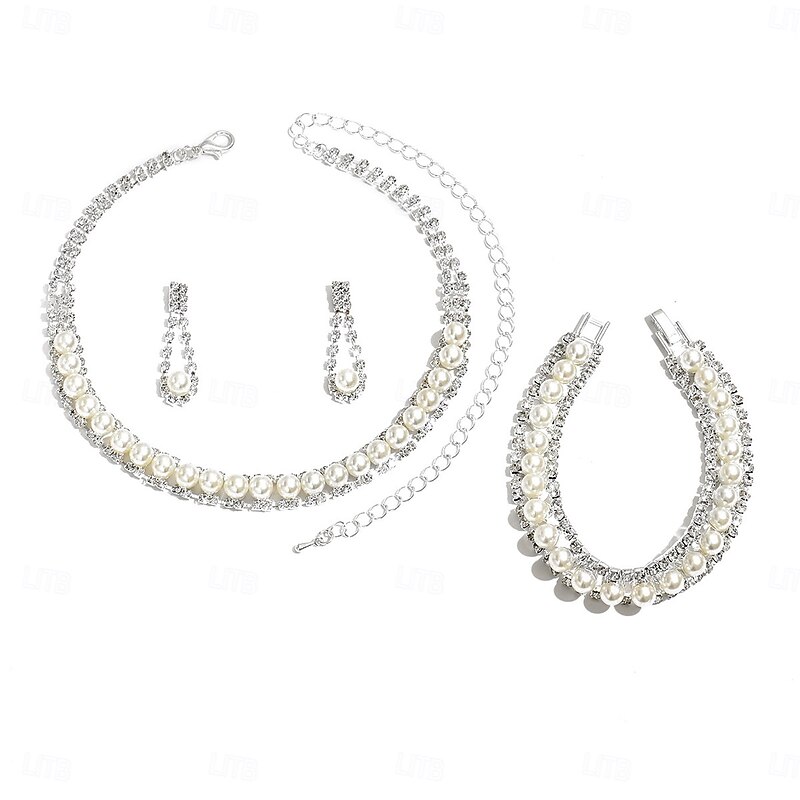 Bridal Jewelry Sets Three-piece Suit Pearl 1 Necklace 1 Bracelet Earrings Women's Elegant Fashion Sweet Lovely Classic Love Precious Oval Jewelry Set For Wedding Valentine's Day Birthday2