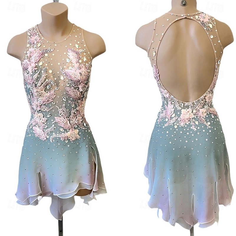 Figure Skating Dress Women's Girls' Ice Skating Dress Gray Green Open Back Asymmetric Hem Mesh High Elasticity Training Competition Skating Wear Classic Crystal / Rhinestone Sleeveless Ice Skating