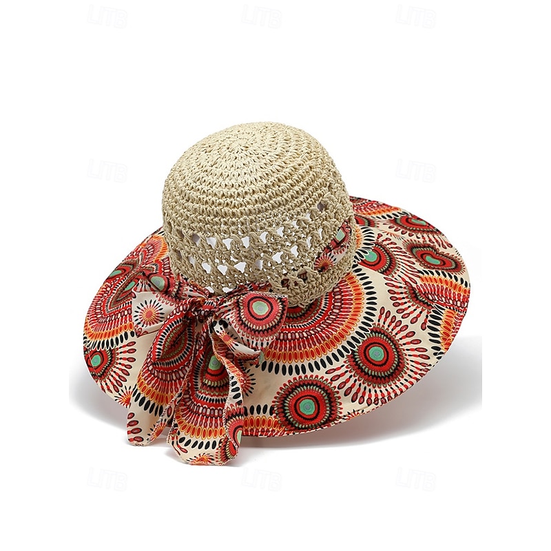 Women's Wide Brim Straw Sun Hat with Colorful Ethnic Print Bow – Boho Style Foldable Beach Hat for Summer Travel and Vacation