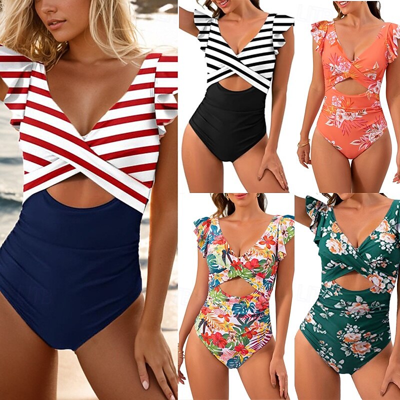 Women's One Piece Swimsuit Open Back Cut Out Swimwear Floral Swimwear Black Red Breathable Quick Dry Sleeveless - Swimming Surfing Snorkeling Summer