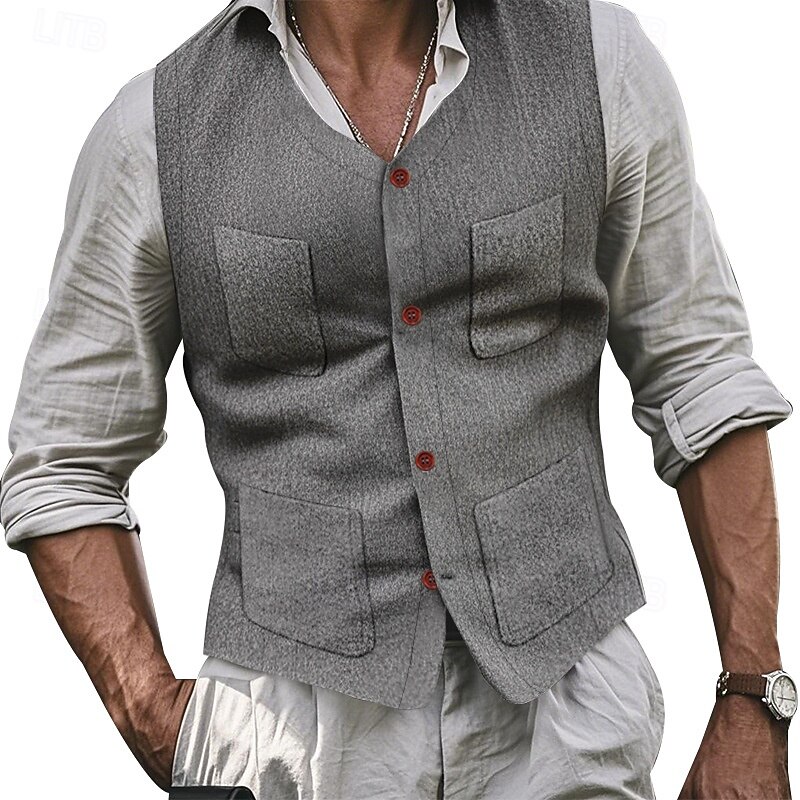 Men's Vest Waistcoat Gilet Vacation Party Business Fashion Casual Spring Fall Pocket Buttons Polyester Comfortable Plain Single Breasted One-button V Neck Regular Fit Black Gray Vest2