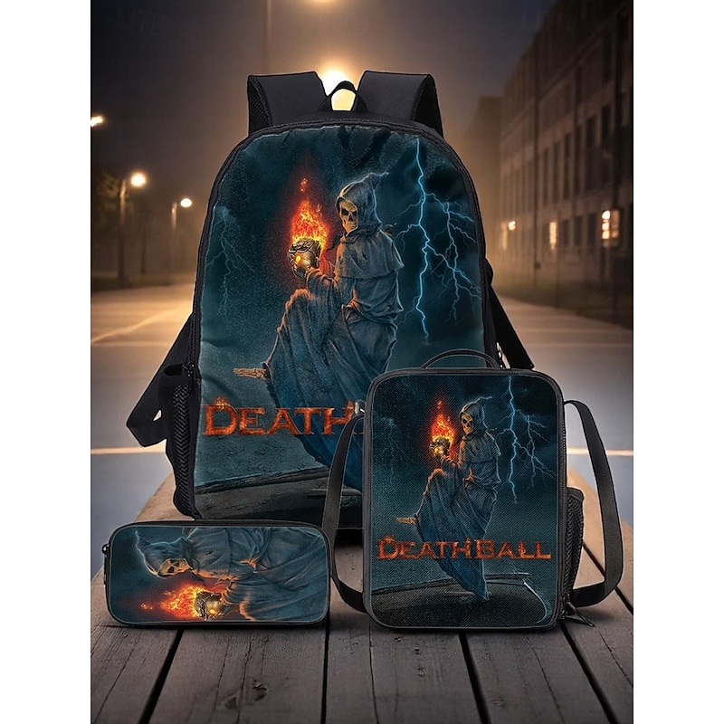 Men's Grim Reaper 3-Piece Backpack Set with Grim Reaper Print - Durable School Bag, Lunch Bag and Pencil Case for Teens Back to School and Gothic Style Lovers Vincent Hie