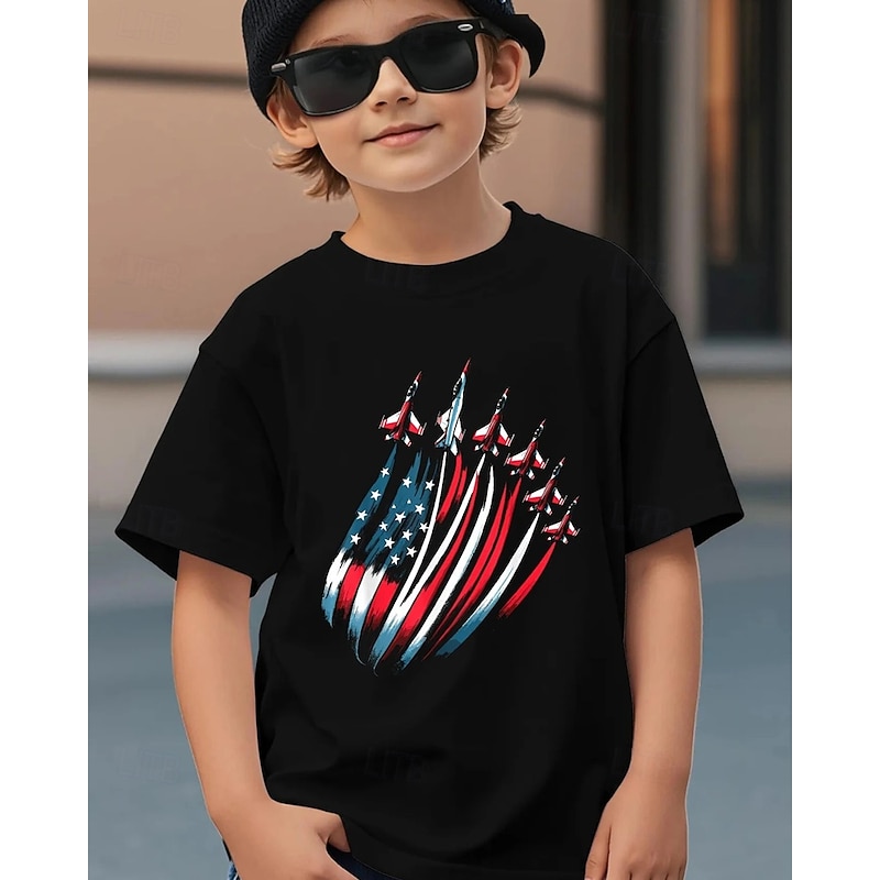 100% Cotton American Independence Day Kids Boys Black American Flag T shirt Tops Crew Neck Short Sleeve Vacation Casual Daily Wear Fashion Sport Print Summer