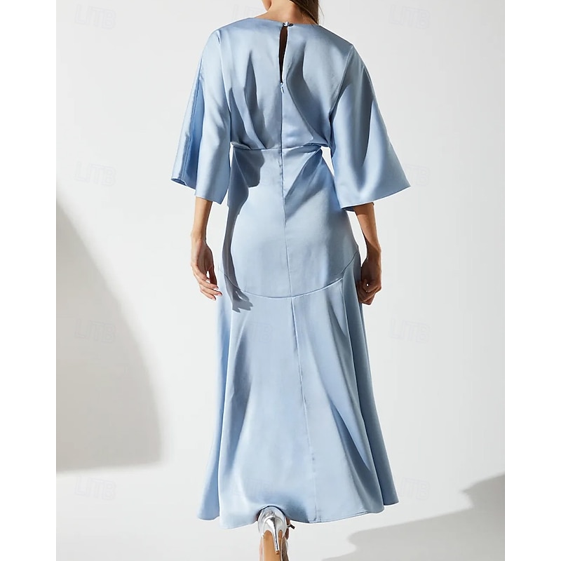 SkyA-Line Mother of the Bride Dress Elegant Simple Luxurious V Neck Asymmetrical Floor Length Wedding Guest Dress Satin 3/4 Length Sleeve with Pleats Ruffles3