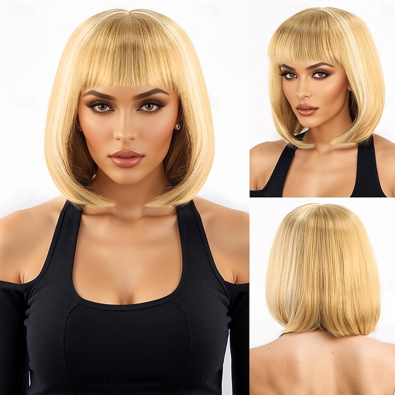 Synthetic Wig kinky Straight Natural Straight Asymmetrical Neat Bang Machine Made Wig 12 inch A1 Synthetic Hair Women's Classic Comfortable Color Gradient Yellow