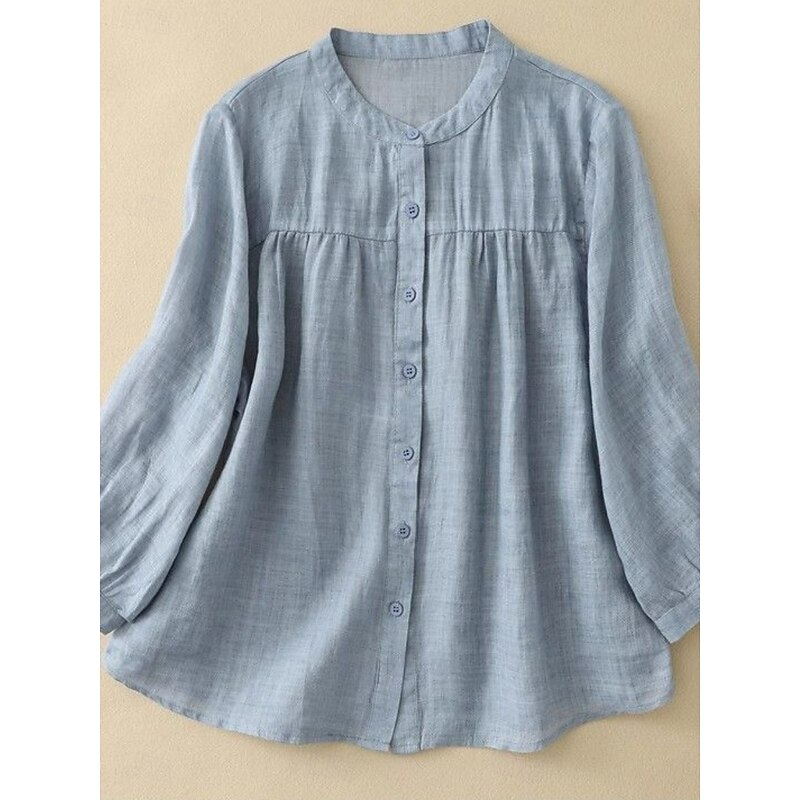 Women's Cotton Linen Shirts Solid Color Basic Casual Long Sleeve High Neck Regular Tops Daily Buttons Blue Purple Orange Khaki Gray Summer3