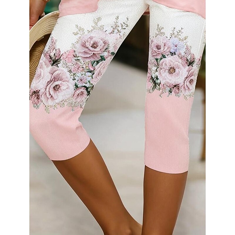 Women's Leggings Vacation Vintage Fashion Calf-Length High Waist Floral Graphic Printing Breathable Soft Stretchy Outdoor Vacation Causal Light Pink White-Blue Light Purple Summer Spring Slim Fit3