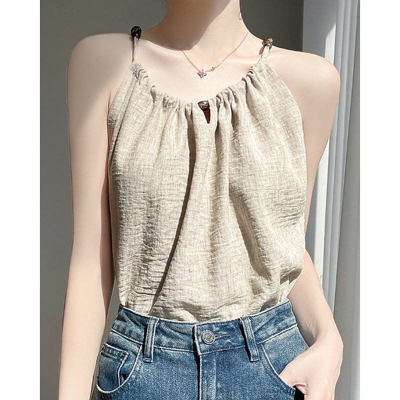 Women's Cotton Linen Shirts Linen-Inspired Sets Blouse Plain Modern Casual Sleeveless Strap Regular Tops Daily Holiday Going out Ruched Black Beige Summer4