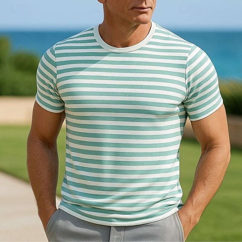 Men's T Shirt Short Sleeve Crew Neck Summer Striped Fashion Designer Basic Classic Vacation Street Going out Green Top Tee for Men