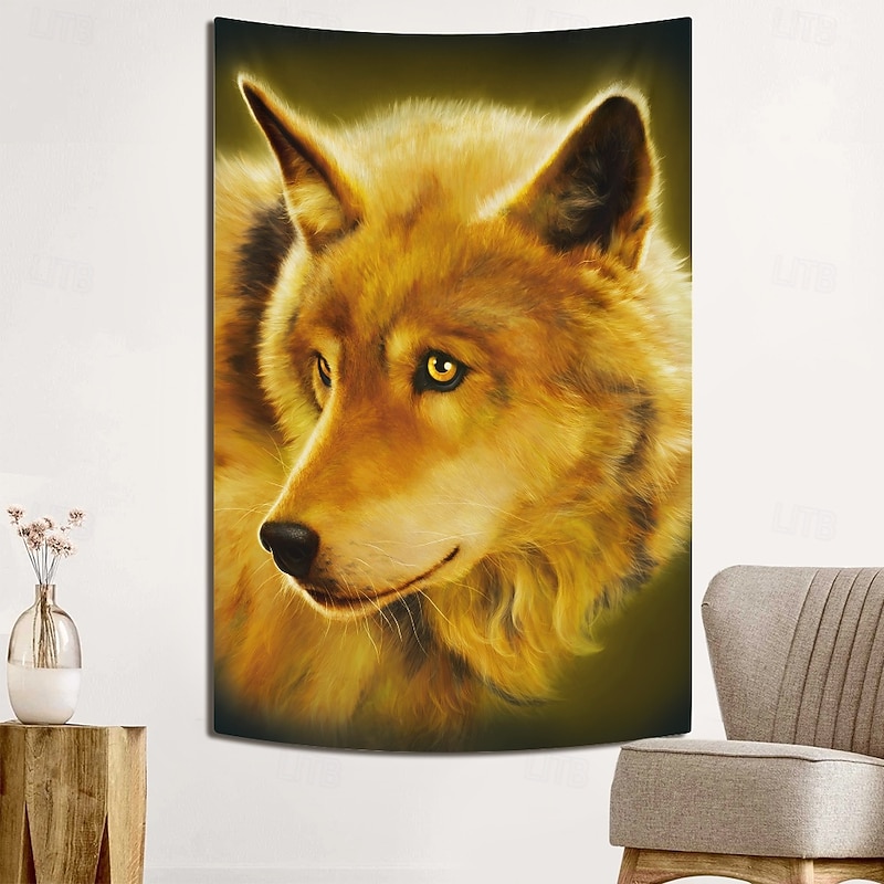 "Wolf Golden Sun" Vincent Hie Hanging Tapestry Wall Art Large Tapestry Mural Decor Photograph Backdrop Blanket Curtain Home Bedroom Living Room Decoration2