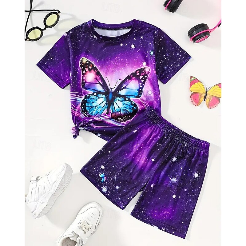 Boys 3D Butterfly T-shirt & Shorts Set Short Sleeve Summer Spring Sports Fashion Daily Kids 4-12 Years Crew Neck Outdoor Vacation Sports Tailored Fit