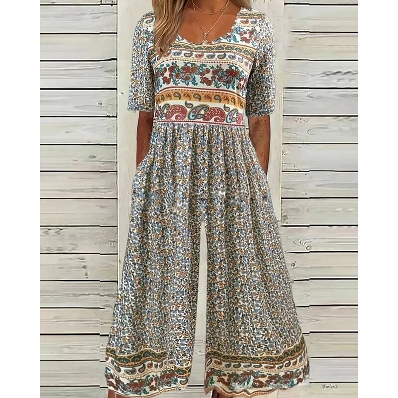 Women's Normal Jumpsuit Casual Floral Short Sleeve Crew Neck Print Street Daily Regular Fit Blue Apricot Summer