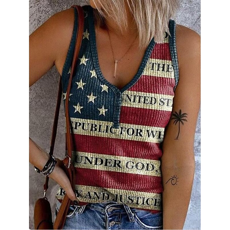 Women's Patriotic  Camisole Tank Top Flag Trendy Rock Beach Sleeveless Sleeveless V Neck Regular Tops Daily Club Uniforms Going out Yellow Blue Sky Blue4