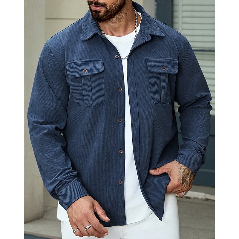Men's Shirt Jacket Overshirts Transition Jacket Vacation Lightweight Pocket Summer Spring Plain Classic Lapel Black Navy Blue Blue Army Green Jacket3