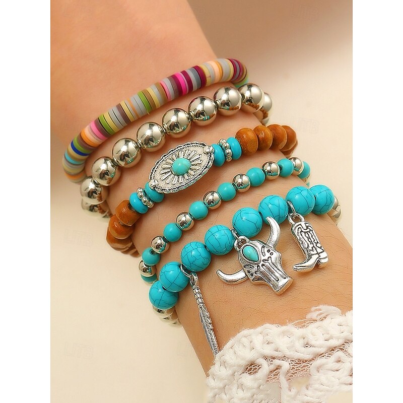Women's Boho Western Charm Beaded Bracelet Set – Multilayer Stretch Stack with Turquoise, Wood Beads & Cowboy Boot, Feather, Bull Skull Charms – Festival, Casual & Gift Jewelry2