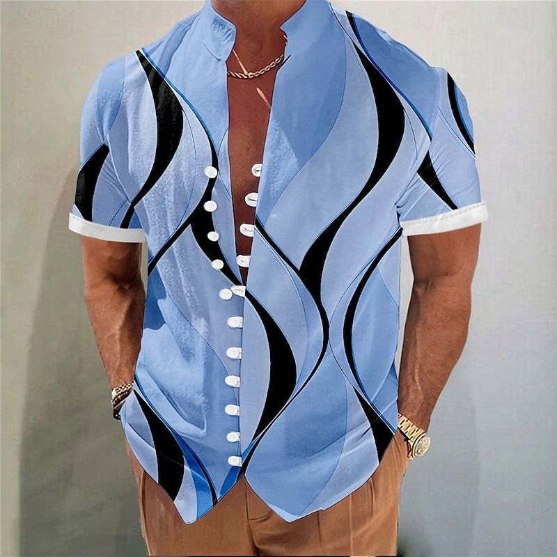 Men's Geometric Lines / Waves Shirt Button Up Shirt Stand Collar Shirt Short Sleeve Fashion Casual Vacation Daily Summer Spring Mandarin Collar 3D Print Linen Like Shirt White Pink Blue Green Khaki3