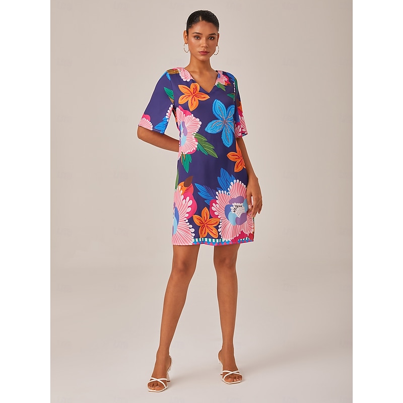 Women's Satin Mini Dress V Neck Half Sleeve Floral Print Straight Fit Slimming Elastic Back Casual Daily Elegant Vacation Dress4