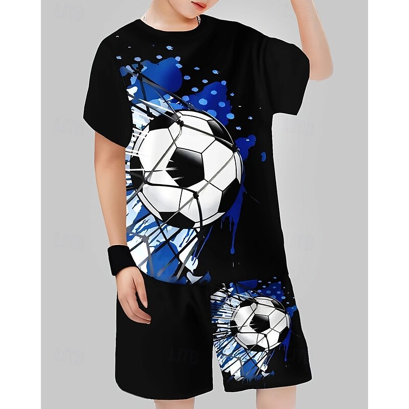 Boys 3D Football T-shirt & Shorts Set Short Sleeve Summer Spring Sports Fashion Daily Kids 4-12 Years Crew Neck Outdoor Vacation Sports Tailored Fit - Main Image