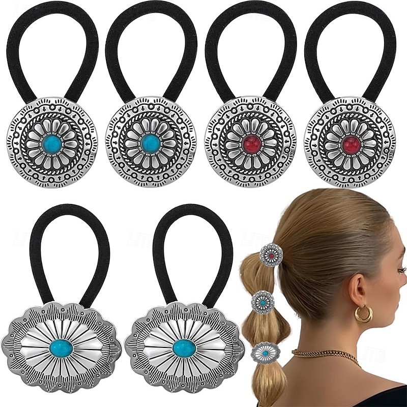 6 PCS Metal Western Style Ponytail Holders Boho Hair Ties Flower Circular Hair Ropes Vintage Squash Blossom Hairs Rope Vintage Turquoise Concho Squash Blossom Hairs Bands for Women Girls