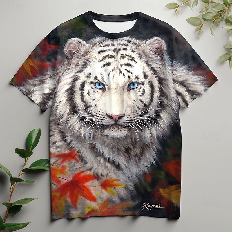 Kayomi Harai Men's 3D Tiger T Shirt Short Sleeve T shirt 3D Print Crew Neck Shirt Fashion Exaggerated Daily Party Street Casual White Summer Spring All Seasons Clothing Apparel S M L XL XXL