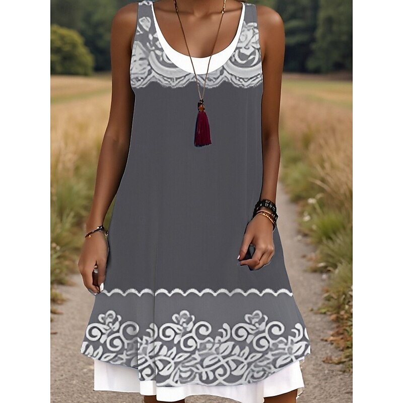 Women's Midi Dress Tank Dress Fashion Classic Outdoor Daily Weekend Regular Fit Graphic Geometric Sleeveless Crew Neck Light Grey Spring Fall