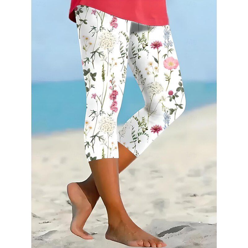 Women's Leggings Capri Pants High Elasticity Vacation Vintage Fashion Calf-Length Mid Waist Floral Graphic Printing Breathable Soft Stretchy Vacation Casual Daily Black sky blue Green