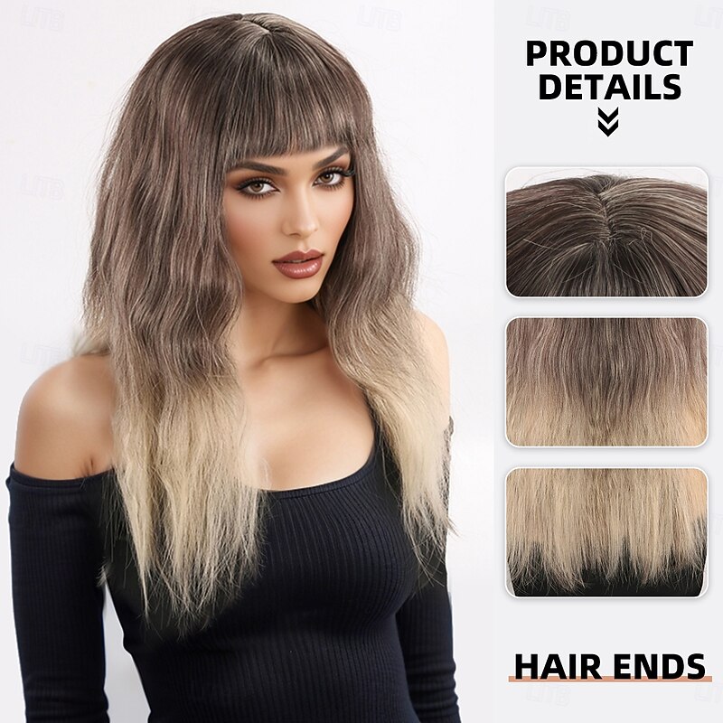 Synthetic Wig kinky Straight Natural Straight Layered Haircut With Bangs Machine Made Wig 20 inch A1 Synthetic Hair Women's Classic Comfortable Color Gradient Blonde2