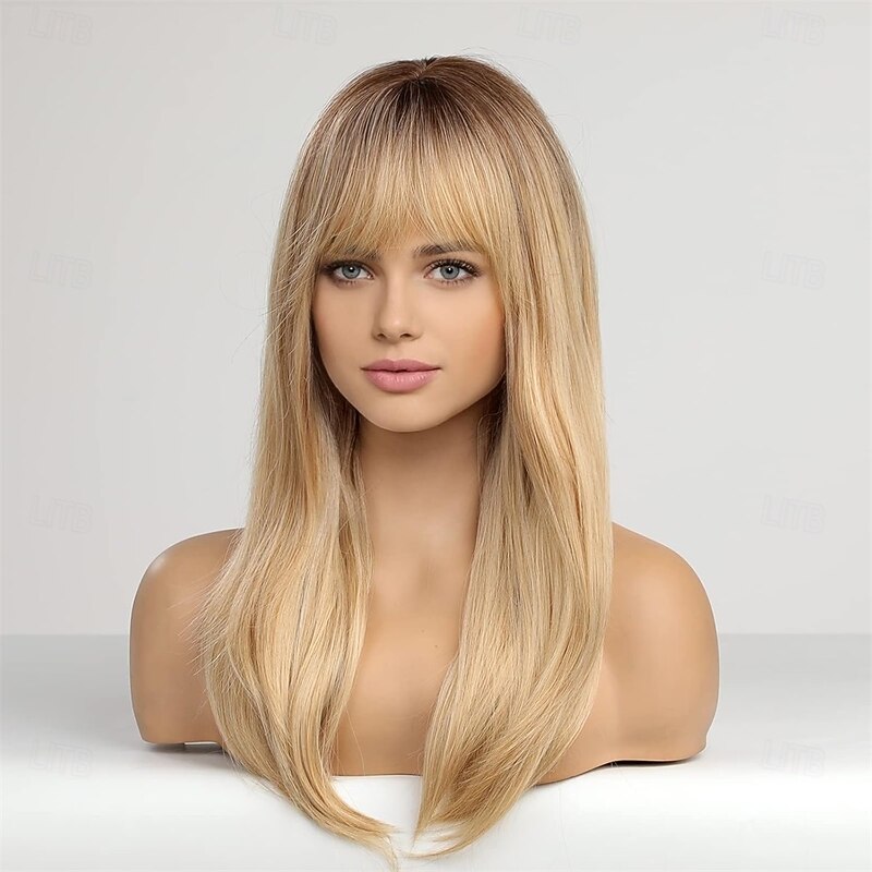 Long Blonde Wigs for Women Straight Wigs with Fringe Synthetic Layered Hair Wig with Dark Roots3