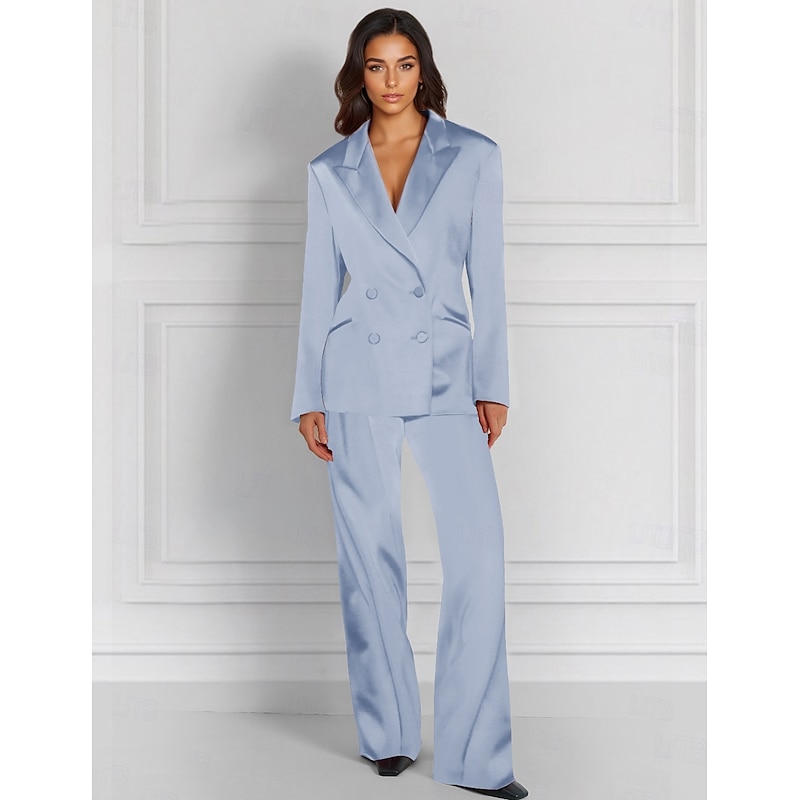 Women's 2 Pieces Suits Formal Wedding Guest Stretch Satin Elegant Vintage Simple Long Sleeve Floor Length Peak Lapel Double Breasted4