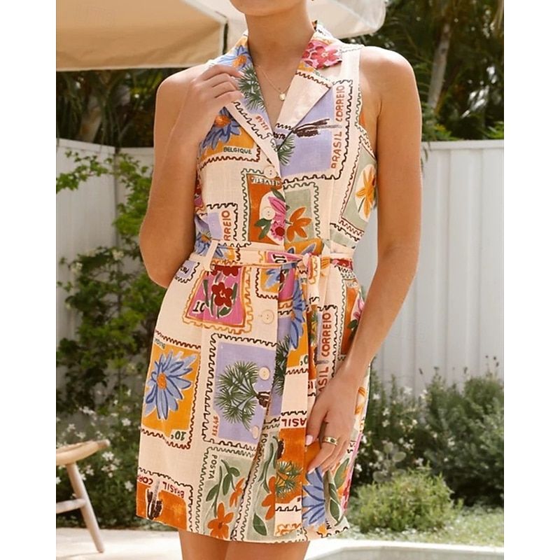 Women's Mini Dress Cotton Linen Dresses Casual Dress Fashion Outdoor Party Holiday Regular Fit Striped Tropical Short Sleeve Shirt Collar Blue Beige Summer