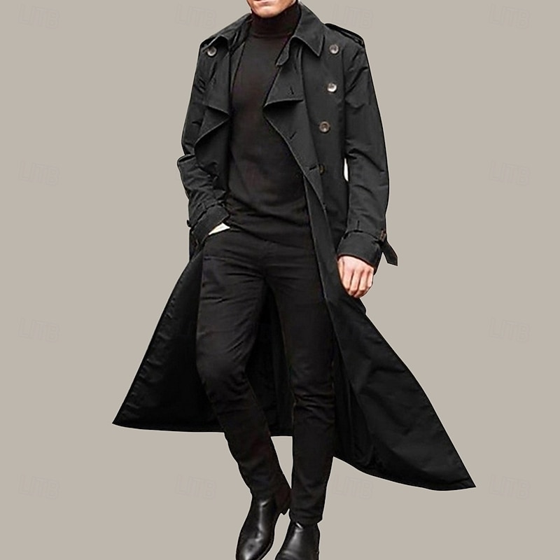 Men's Transition Jacket Trench Coat Going out All Seasons Polyester Windproof Outerwear Clothing Apparel Classic Plain Pocket Lapel Double Breasted