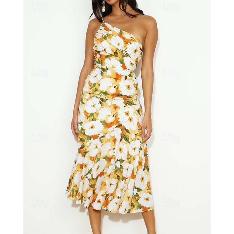 Women's Midi Dress Floral Dress Print Dress Fashion Modern Outdoor Vacation Weekend Regular Fit Flower Sleeveless One Shoulder Yellow Blue Purple Orange Summer