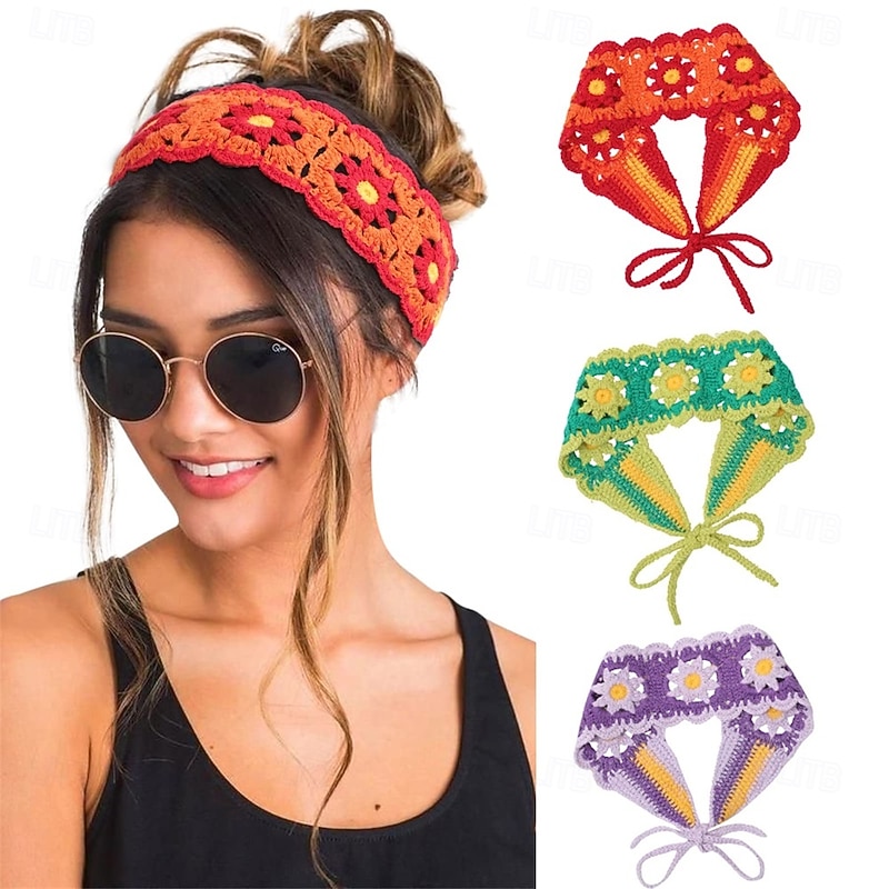 Hippie Hair Bandanas Headbands for Women Boho Headband Knit Hair Bands Floral Head Wrap for Girls